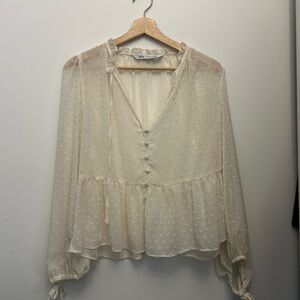 Zara Cream Polka Dot Peplum Blouse with Buttoned Detail